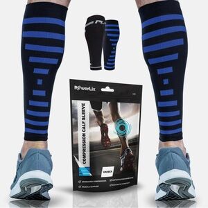 POWERLIX Unisex Pair Compression Calf Sleeves Black/Blue Striped Size L/XL